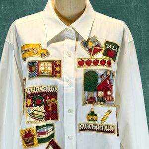 VINTAGE 90s school teacher button down cotton shirt appliqué bus books pencil 1X